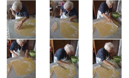 Italia cutting slices from her pasta dough ready for the pasta machine