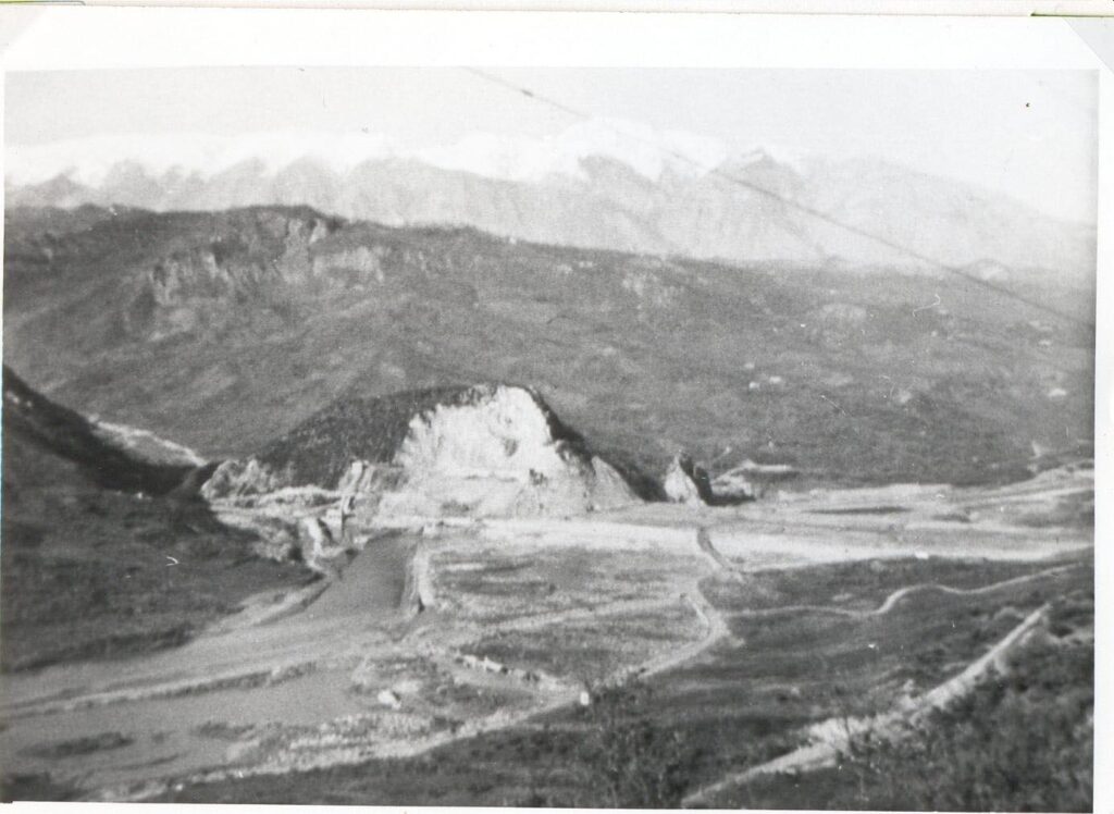Looking down the valley. Monte Tutoglio is immediately on the left with the white rock face. to where the dam was constructed.