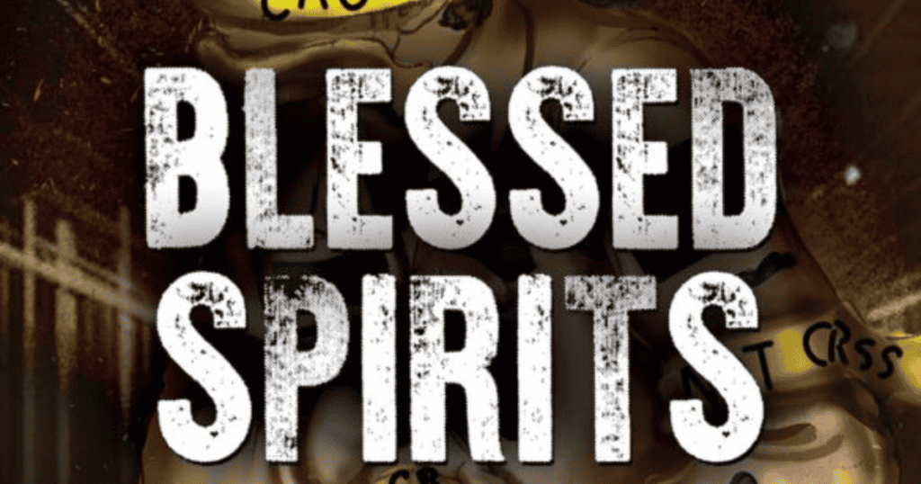 Enthusiastic collage of beer cans with crime tape highlighting the phrase "Blessed Spirits".
