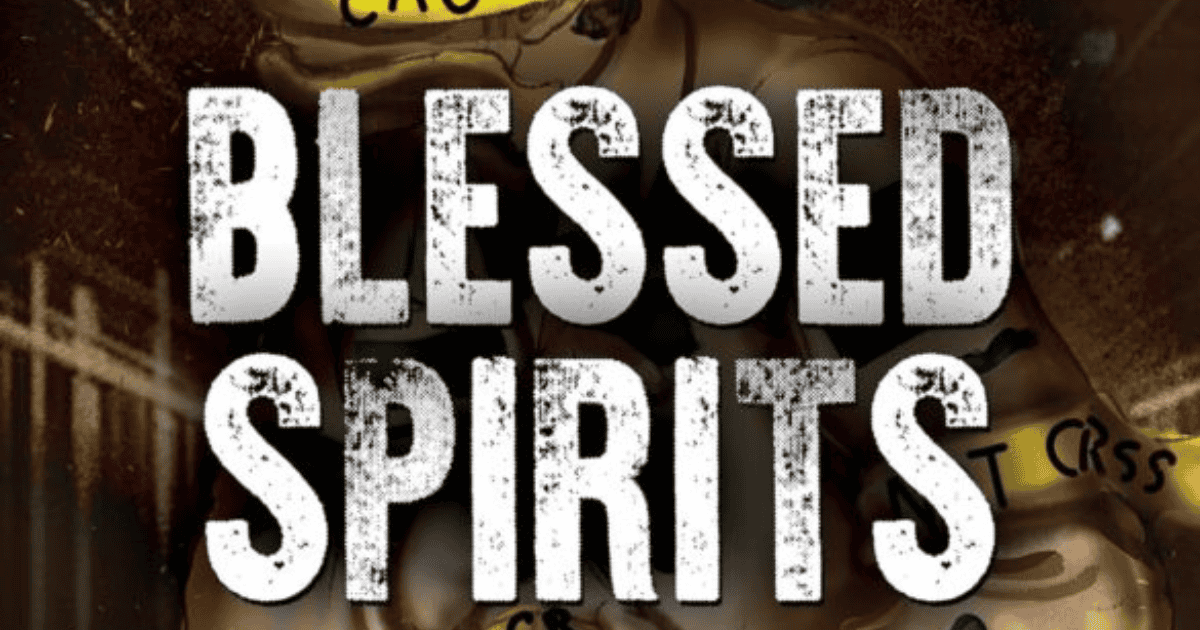 Enthusiastic collage of beer cans with crime tape highlighting the phrase "Blessed Spirits".