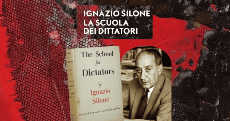 Book cover titled "The School for Dictators" by Ignazio Silone, featuring his portrait against an artistic abstract background.