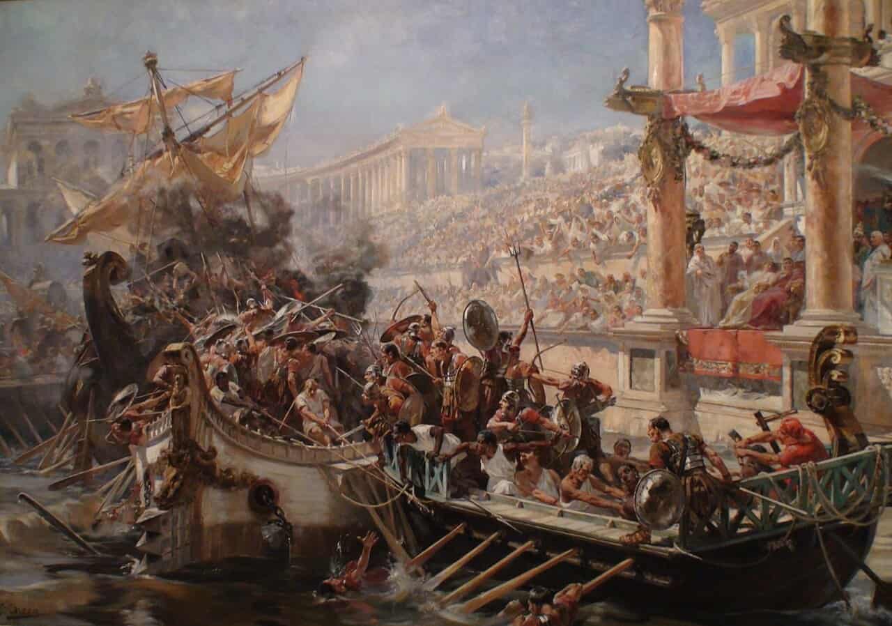 Ulpiano Checa’s 1894 painting of Claudius’s staged naval battle on Lake Fucino, oared warships fighting before a crowd on the shore.